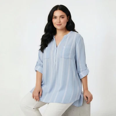 Torrid Blouse Size 1(1X) Blue White Striped Tunic Blouse Pockets - Image 1 of 4