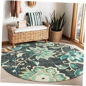 Floral 5ft Round Rug - Washable Large Boho Round Rug for Living Room Non-Slip - Picture 1 of 7