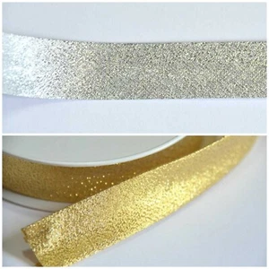 Pre-Folded Bias Binding Tape - 20mm wide Sparkly Silver Gold Lame - Polyester - Picture 1 of 4