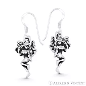 Winged Pixie / Fairy / Nymph Charm Dangling Hook Earrings in 925 Sterling Silver - Picture 1 of 1