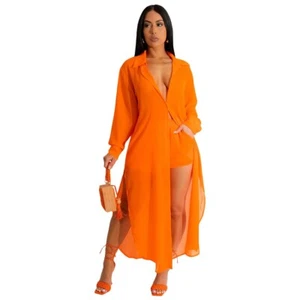 LIQUIDACIÓN - Color Naranja, Talla L - Conjunto de 2 piezas de camisa larga y pantalones cortos abiertos con botones - Imagen 1 de 8