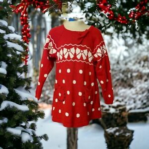 BLUEBERI BOULEVARD Sz 4 Christmas Sweater Dress Red White Bows Long Sleeve 