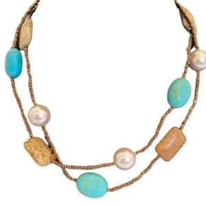 Lia Sophia Capri Necklace Turquoise Jasper Pearl Copper Seed Beaded Boho 34-37 - Picture 1 of 6