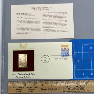 HONORING COLUMBUS 22kt Gold Stamps First Day Issue 29 Cent 1992 World Stamp Expo - Image 1 of 4