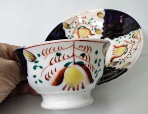 Antique Gaudy Welsh Gaudy Dutch Tulip teacup & saucer cobalt yellow 1830's - Picture 1 of 16