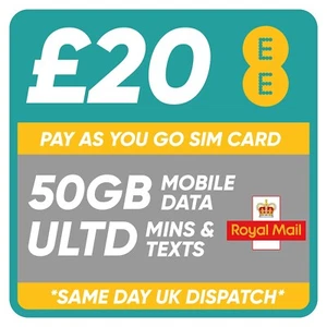 CARTE SIM EE PAY AS YOU GO - PACK DE 20 £ 30 JOURS - COMPREND STANDARD, MICRO & NANO - Photo 1 sur 5