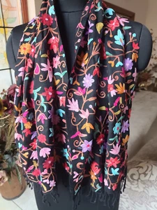 BLACK LUXURY CREWEL EMBROIDERY SCARF 100% CASHMERE PASHMINA~14 DESIGN CHOICE - Picture 1 of 4