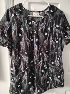 Scrubstar 3 Pocket Black Scrub Top w Multicolor Giraffes Size L - Picture 1 of 1
