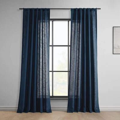 Linen curtain Navy Blue Color Living Room two panels Bedroom Curtain Set - Image 1 of 4