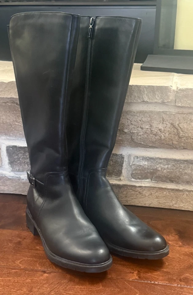 Botas de montar BLONDO impermeables de cuero negro a la altura de la rodilla para mujer con cremallera lateral 9W Foto 1 de 4