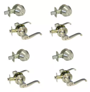 Satin Nickel Entry Deadbolt Door Handle Lever Locks Keyed Alike Brushed Entrance - Picture 1 of 5