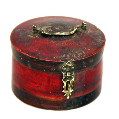 Antigua caja de madera lacada negra redonda hecha a mano decorativa coleccionable 11401 Foto 1 de 4