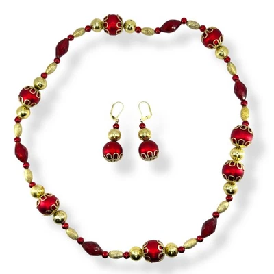 Christmas Ornament Red Gold Necklace Earrings Set Beaded Xmas Themed Leverback - Image 1 of 4