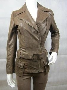 Feminin Touch Women's TR-253 Old Look Brown Napa Leather Slim Biker Jacket - Picture 1 of 5