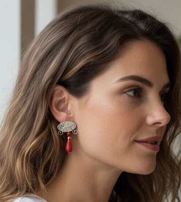 Pendientes colgantes artesanales de plata de ley de jaspe rojo boho filigrana de lujo hechos a mano Foto 1 de 4