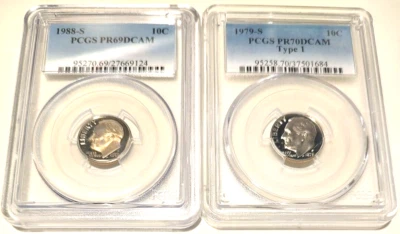 Lot Of 2 Coins 1988 & 1979 S 10C  Roosevelt Proof Dimes PCGS PR69 and PR70 DCAM - Image 1 of 2