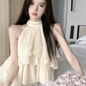 Ladies Chiffon Top Vest Shirt Sleeveless Off The Shoulder Halter Ruffle Clubwear - Picture 1 of 14