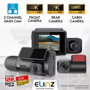 Elinz 3 Channel Dash Cam 4K+1080P+2K Rear Camera WiFi GPS Car DVR 128GB U3 Card - Picture 1 of 2