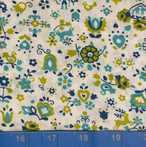Tina Scrap 9”x21” Spring Easter Flower Aqua Heart Rose Calico Bird Fabric Cotton - Picture 1 of 1
