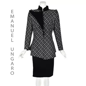 Chaqueta de lana a cuadros blanca y negra vintage de EMANUEL UNGARO y falda de terciopelo talla 12-14 - Imagen 1 de 9