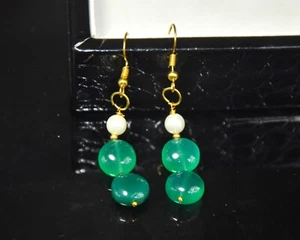 Verde Naturale Onice E Orecchini Pendenti, Placcata Oro Ganci, Fatto a Mano - Foto 1 di 3