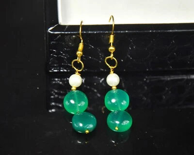 Verde Naturale Onice E Orecchini Pendenti, Placcata Oro Ganci, Fatto a Mano - Immagine 1 di 3