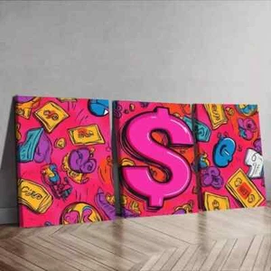 3pcs Pink Dollar Sign Colorful Wall Art Canvas Framed 50x70cm - Picture 1 of 3