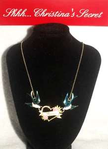 VINTAGE ESTATE SALE Necklace Gold Tone Love Heart Roses Swallows Enameled sign A - Picture 1 of 7