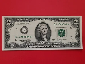 series E, 2003A Two-dollar bill, $2 US real money, bank note, Federal Reserve - Picture 1 of 2
