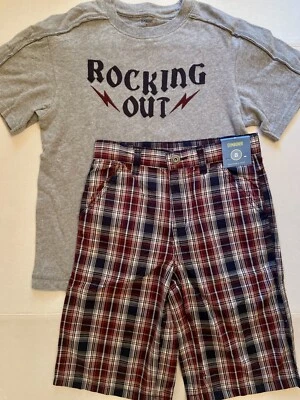 NWT Boys 8 Gymboree “ROCK 101” Cotton Burgundy/Gray 2pc PLAID SHORTS & TOP Set - Image 1 of 4