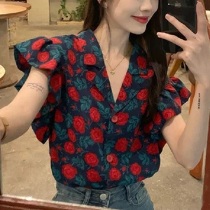 Women's Top Floral Shirt Loose Temperament Peplum Edge Small Flying Sleeve Top - Picture 1 of 6