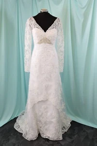 Casablanca 2079 White Lace Long Sleeve V Neck Flared Wedding Dress 8 NWOT - Picture 1 of 13