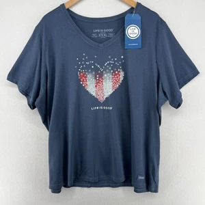 LIFE IS GOOD Shirt Womens 3XL Heart Stars Stripes Crusher V-Neck Cotton Blue NEW - Picture 1 of 14