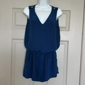 Amanda Uprichard Women’s Navy 100% Silk Sleeveless Tie Waist V-Neck Romper Sz S - Picture 1 of 13