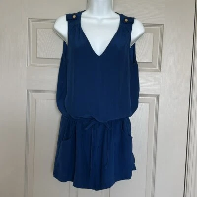Amanda Uprichard Women’s Navy 100% Silk Sleeveless Tie Waist V-Neck Romper Sz S - Image 1 of 4