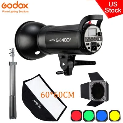 US Godox SK400II 400Ws Studio Flash Strobe+Barndoor+60*60cm Softbox 2m Stand Kit - Image 1 of 4