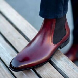 New Bespoke Handmade Burgundy Leather Ankle Chelsea Boots