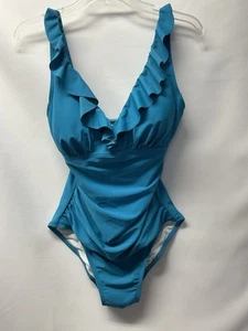 DKNY Teal Blue Padded Underwire 1 Pc Bathing Swim Suit Sz 10 Ruffle Ruching New - Picture 1 of 5