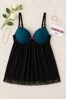 Babydoll Cosmopolitan de encaje negro y verde azulado 2XL lencería rosa lazos Y2K Foto 1 de 4