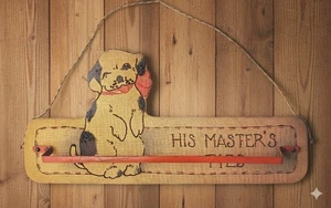 Vtg 1950s Dog Novelty Tie Rack "His Master's Ties" Burlap Kitsch Decor Rare - Picture 1 of 12