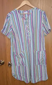 Abito Free Assembly Donna Taglia XL Multicolore Righe Misto Lino Cravatta Collo... - Foto 1 di 8