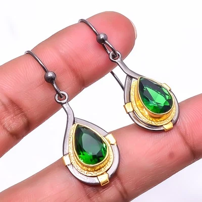 Pendiente esmeralda (simulado) plata 925 negro y oro enchapado en rodio 1,76" E12 Foto 1 de 4