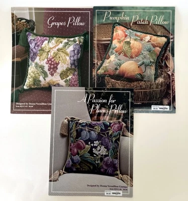 3 Donna Vermillion Giampa Cross Stitch Pattern Lemons Pears Apples Pillow NEW - Image 1 of 4