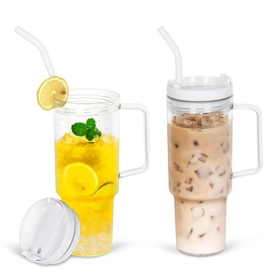 Paquete de 2 vasos acrílicos de 40 oz con mango, vasos de plástico transparente con tapas y... Foto 1 de 4