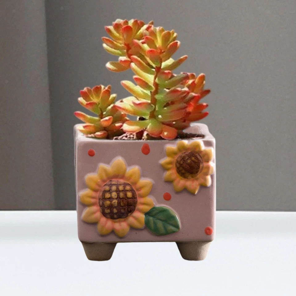 Ceramic Sunflower Planter Small Square Flower Pot Ideal Gift Desktop Ornament - Image 1 of 1