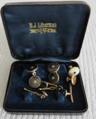 Abotoaduras e pinos de smoking vintage Krementz Art Deco folheados a ouro esfregão pérola - Imagem 1 de 4