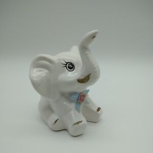 Vintage Porcelain Elephant Figurine Ring Holder - Trunk Up - Japan