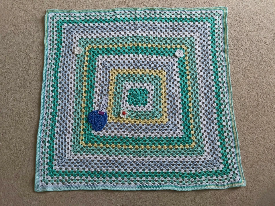 HANDMADE Crochet Baby Boy Girl Blanket in Greens, White, Yellow, Blue 70x65cm  - Image 1 of 4