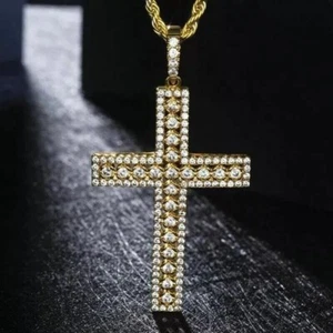 1 CTW Round Cut VVS1 Moissanite Cross Pendant 18" Chain 14k Yellow Gold Plated - Picture 1 of 10