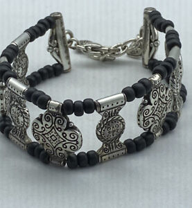 Brighton Black Bead Etched Silver Plated Triple Row Wide Bracelet Adjustable